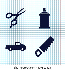 Set of 4 clipart filled icons such as car, barber scissors, saw