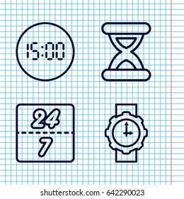 Set of 4 clock outline icons such as hourglass, wrist watch for woman, 24 7 hour