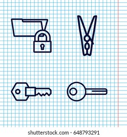 Set of 4 close outline icons such as cloth pin, key