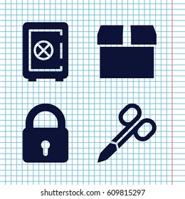 Set of 4 closed filled icons such as lock, manicure scissors, Safe