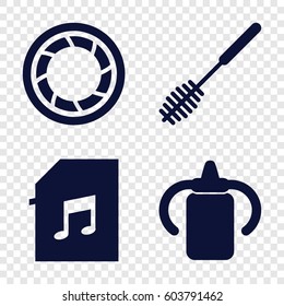 Set of 4 closeup filled icons such as baby bottle, toilet brush, memory card with music