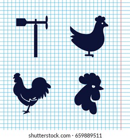 Set of 4 cockerel filled icons such as chicken, rooster