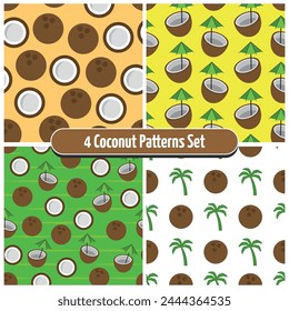 Set of 4 Coconut Patterns - Whole and Half Coconuts, Coconut Drinks with Umbrella Straws and Palm Trees in Backgrounds Beach Sand, Yellow, Green and White. Seamless Link