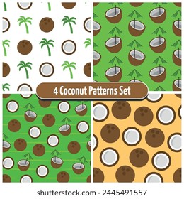 Set of 4 Coconut Patterns - Whole and Half Coconuts, Coconut Drinks with Umbrella Straws and Palm Trees in Backgrounds White, Green and Beach Sand. Seamless Link