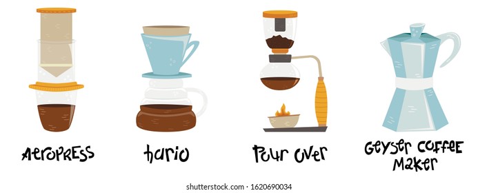 Set of 4 coffee makers for alternative methods of brewing. Coffee culture. Aeropress, hario, pour over, geyser coffee maker.
