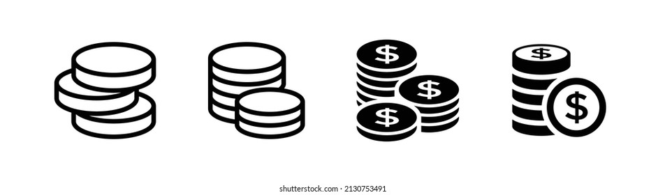Set of 4 coin icon, outlined and flat style, pixel perfect, related to payment, saving or bill