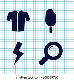 Set of 4 collection filled icons such as jacket, flash, ice cream