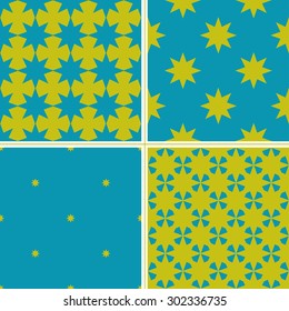 Set of 4 color geometric seamless pattern with Christmas eight-pointed stars. Blue, yellow