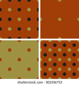 Set of 4 color geometric seamless pattern with hexagon shape. Orange, black, beige