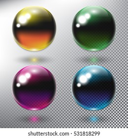 Set of 4 color realistic spheres. Colorful bubbles. Isolated on the white background. Vector illustration. Eps10.