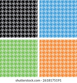 A set of 4 color variations of a classic houndstooth seamless pattern illustration. A combination of classic monochrome, refreshing blue, fresh green, and warm orange.