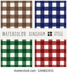 Set Of 4 Color Watercolor Gingham, Seamless Vector Pattern