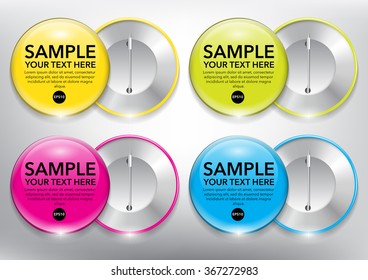 Set of 4 color, yellow, green, blue and violet button vector badges. Both sides - face and back with realistic shine and shadow on white background. Vector illustration. Eps10.