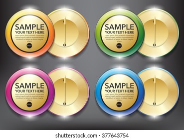 Set of 4 color, yellow, green, blue and violet button vector badges. Both sides - face and back with realistic shine and shadow on black background. Vector illustration. Eps10.