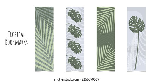 Conjunto de 4 marcadores de colores con hojas de palma y monstera, elementos de línea. Ilustración de estilo plano con elementos florales. Marcadores aislados en un fondo blanco.	