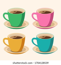 Set of 4 colored Coffee Cups on light background. Flat Style vector Illustration. Decorative Design for Cafeteria, Posters, Cards, Banners 