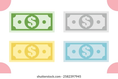 Set of 4 colored dollar bill icons, green, gray, yellow and blue dollar, Isolate vector.