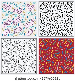 Set of 4 Colorful Abstract Patterns with Doodles and Geometric shapes on Beige Background Vector Illustration