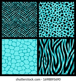 Set of 4 colorful animal print inspired seamless patterns. Exotic teal colored wildlife backgrounds. Vector wallpapers.	