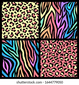 Set of 4 colorful animal seamless patterns in 80s-90s style. Exotic animalistic backgrounds. Leopard, zebra, cheetah, jaguar prints.	