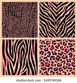 Set of 4 colorful animalistic seamless patterns. Exotic leopard, tiger, zebra, crocodile backgrounds. Vector wallpapers.