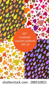 Set of 4 colorful autumn patterns. Multicolored seamless patterns.