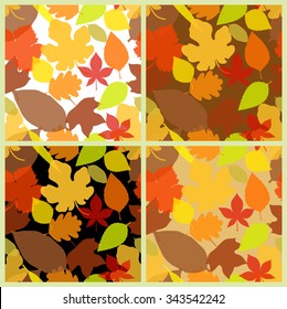 Set of 4 colorful autumn seamless texture pattern. Red, orange, yellow, brown and green color various fall leaves on the ground. vector art image illustration on white, black and beige background