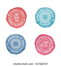 Set of 4 colorful Badges for traditional  (authentic, handcrafted) products. Original design (stylized stamp with a white text and tribal style signs). Easy to recolor