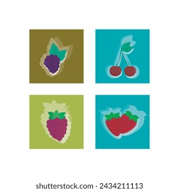 Set of 4 colorful berry (Raspberry, strawberry, blackberry, chery) icons, simple vector cartoon style illustration elements for product or web design.