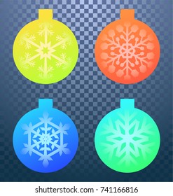 Set of 4 colorful christmas balls isolated on transparent background. Can be used for banners flyers or web. Decor element, halftone modern style. Vector illustration. EPS 10.