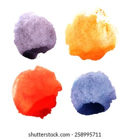 Set of 4 colorful circles painted in watercolor. Vector template for your design.
