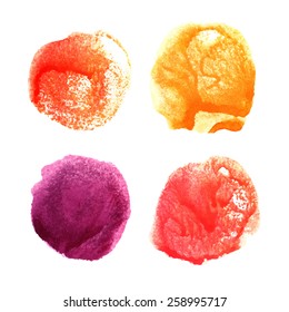 Set of 4 colorful circles painted in watercolor. Vector template for your design.