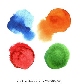 Set of 4 colorful circles painted in watercolor. Vector template for your design.