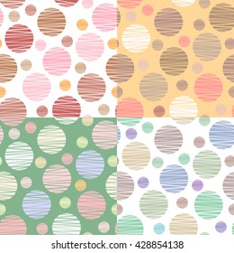 Set of 4 colorful dotted retro seamless patterns. Cute geometric small and big dots, circles. Cool geometric vector design for fabrics, textiles, wallpapers, linens, clothing, covers, cards, etc.
