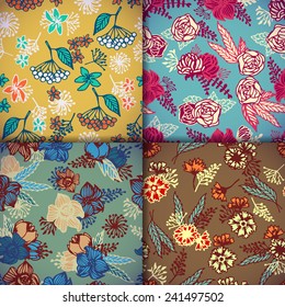 set of 4 colorful editable seamless patterns with hand drawn flowers, branches and leaves