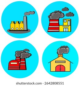A set of 4 colorful factory and industrial icons with a modern, minimalist design. Ideal for representing manufacturing, energy, and eco-friendly innovation concepts.