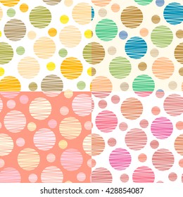 Set of 4 colorful festive dotted seamless patterns. Cute geometric small and big dots, circles. Cool geometric vector design for fabrics, textiles, wallpapers, linens, clothing, covers, cards, etc.