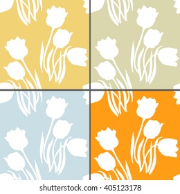 Set of 4 colorful floral patterns with tulips silhoette. Seamless pattern can be used for wallpaper, pattern fills, web page background, surface textures. Floral seamless backgrounds.
