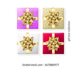 Set of 4 colorful gift boxes, decorative presents. Top view. Isolated on white background. Realistic 3d style. Vector illustration.