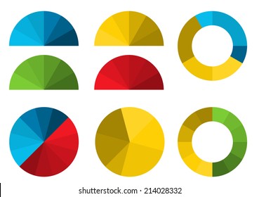 Set of 4 colorful half pie diagrams in color shades and 4 full pie diagrams in these color shades - for your presentation of infographic