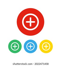 Set of 4 colorful icons. Plus sign or add button icon.