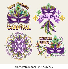 Set of 4 colorful labels with text for carnival Mardi Gras decoration in vintage style on white background. For prints, clothing, t shirt, holiday goods, stuff, surface design.