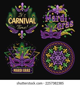 Set of 4 colorful labels with text for carnival Mardi Gras decoration in vintage style on black background. For prints, clothing, t shirt, holiday goods, stuff, surface design.