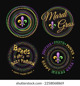 Set of 4 colorful labels with text for carnival Mardi Gras decoration in vintage style on black background. For prints, clothing, t shirt, holiday goods, stuff, surface design.