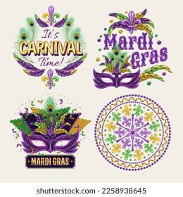 Set of 4 colorful labels with text for carnival Mardi Gras decoration in vintage style on white background. For prints, clothing, t shirt, holiday goods, stuff, surface design.
