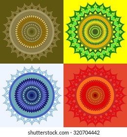 Set of 4 colorful round ornamental patterns. Mandala. Circle Lace Pattern. Collection. Vector Illustration. 