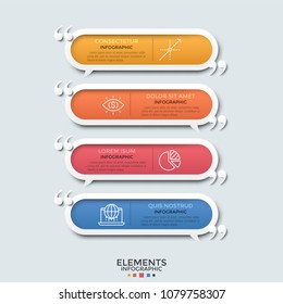 Set of 4 colorful rounded speech balloons with linear icons, place for text inside and quotation marks. Concept of four motivational slogans, quotes. Infographic design template. Vector illustration.