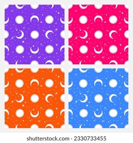 Set of 4 colorful seamless pattern with white moon