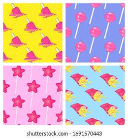 Set of 4 colorful seamless patterns with star-shaped lollipops, popsicles, chips, melting ice creams. Comic 80s-90s style.	