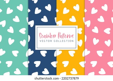 Set of 4 colorful seamless patterns with white hearts